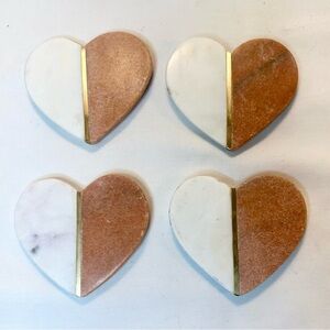 New 4 PC SET Natural Stone Orange Marble Heart Coasters With Brass Inlay - INDIA
